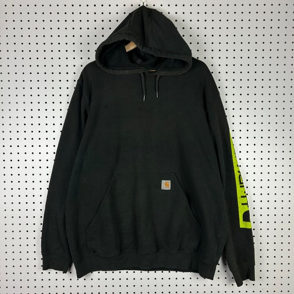 Carhartt Midweight Sleeve Logo Hoodie‎ Large Gray Work Wear Neon Vis Sweatshirt